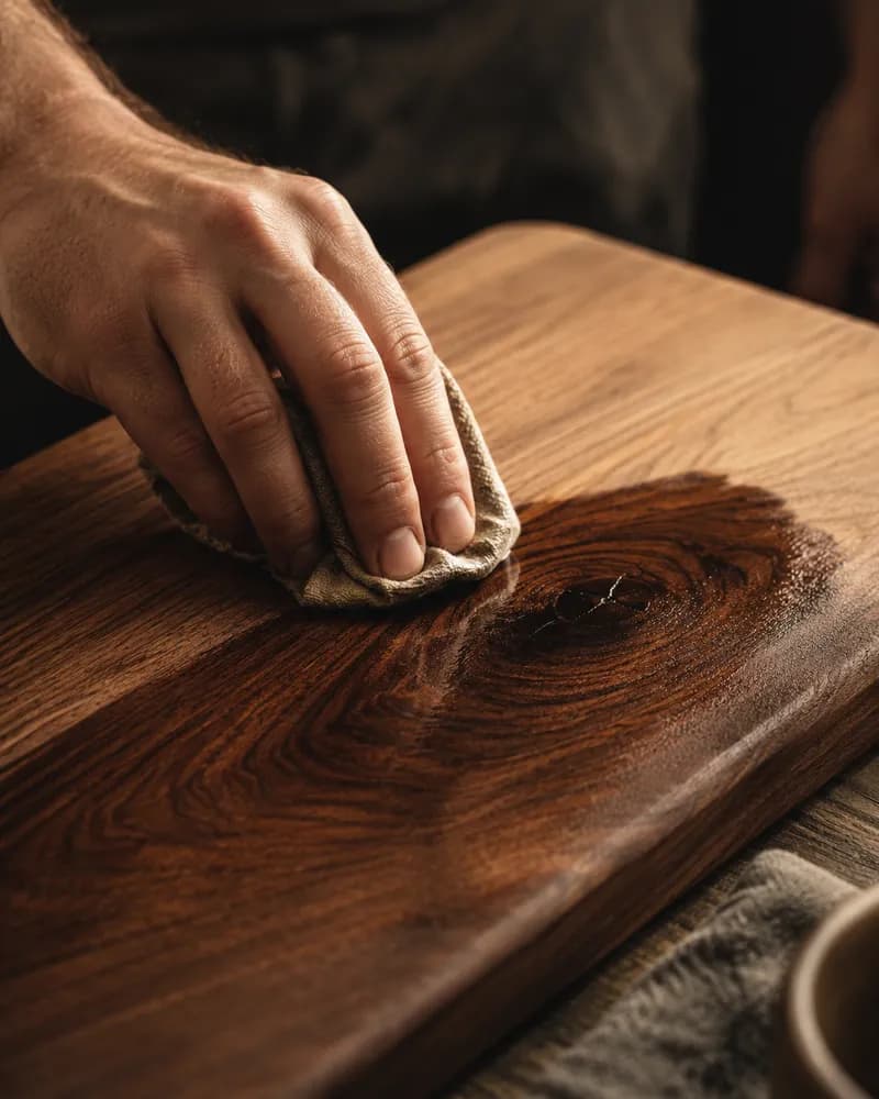A hand rubbing finishing oil into a walnut board with a cloth